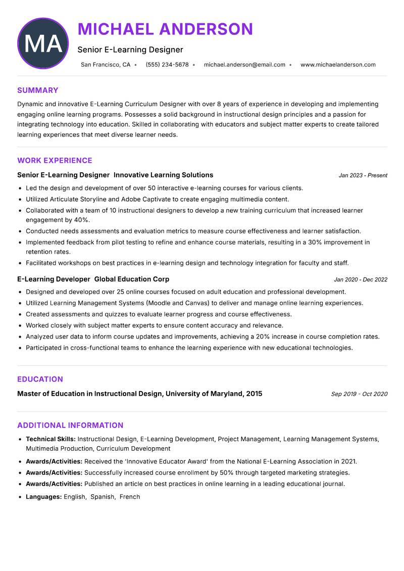E-Learning Curriculum Designer resume example — ATS-friendly template