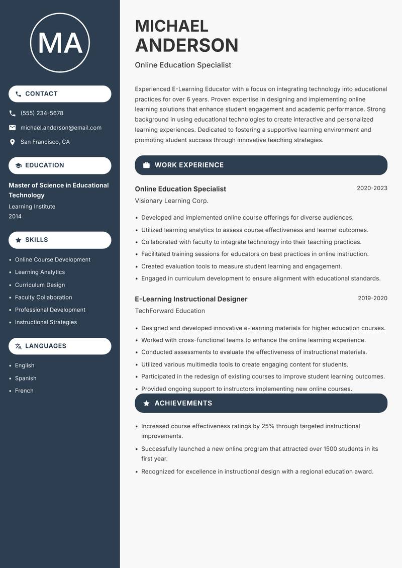 E-Learning Educator resume template — Compact
