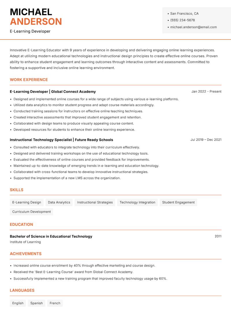 E-Learning Educator resume template — Modern Professional