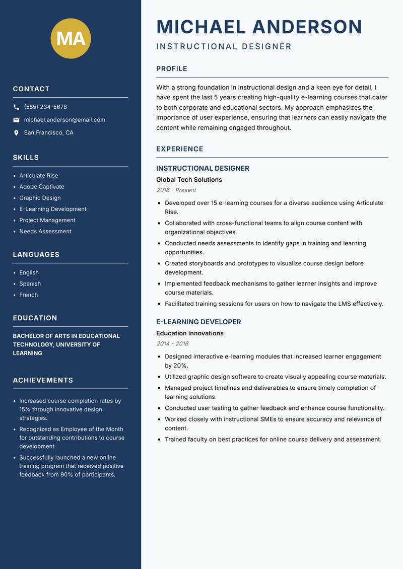 E-Learning Instructional Designer resume template — Classic Clean