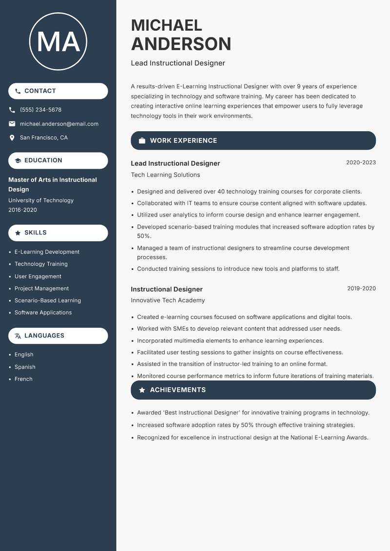 E-Learning Instructional Designer resume template — Compact