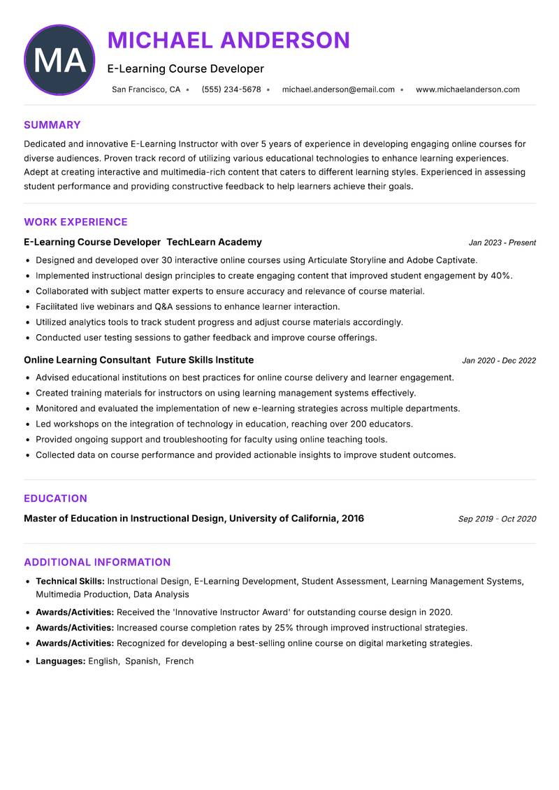 E-Learning Instructor resume example — ATS-friendly template