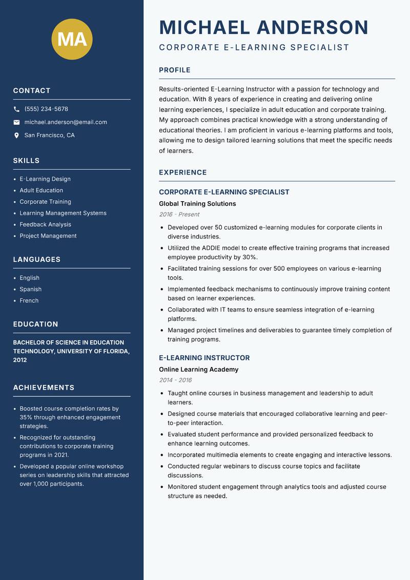 E-Learning Instructor resume template — Classic Clean