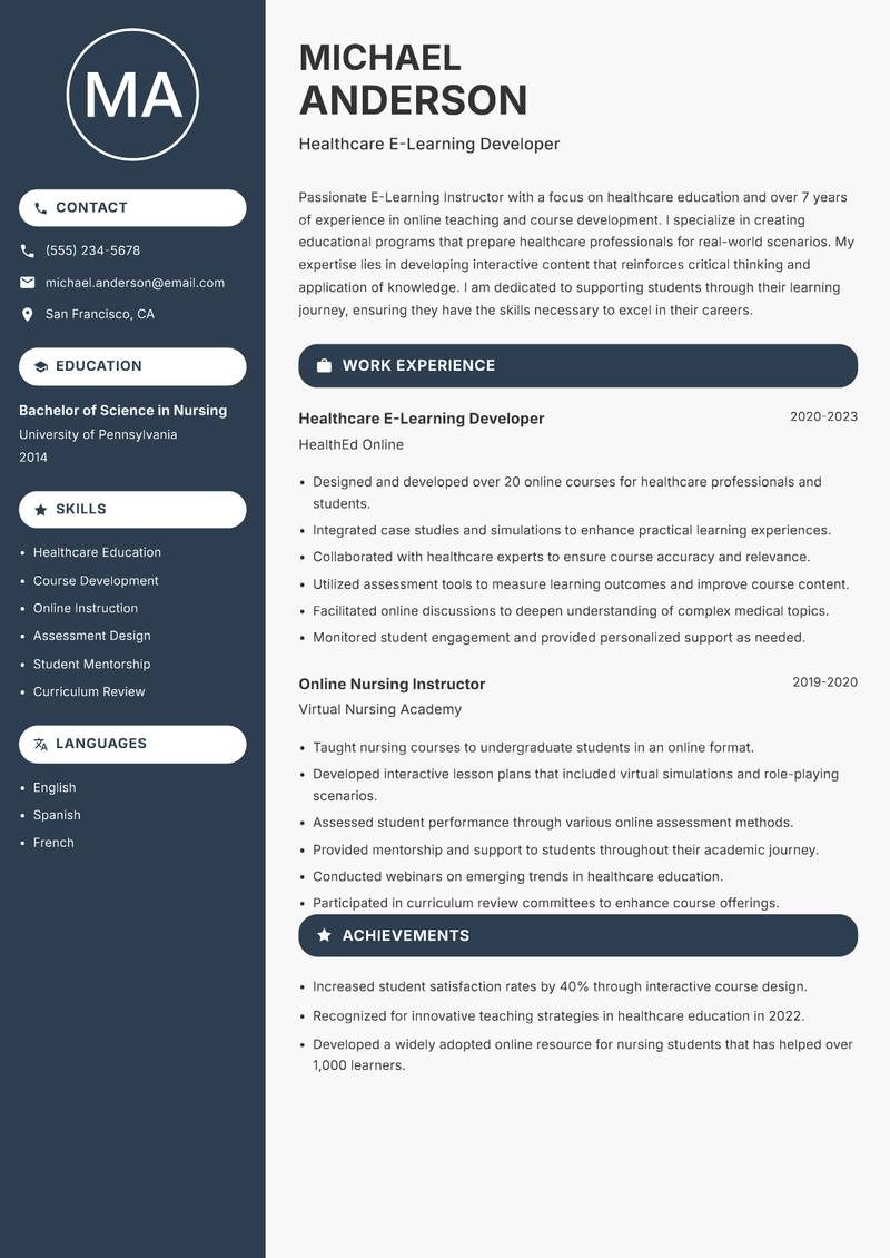 E-Learning Instructor resume template — Compact