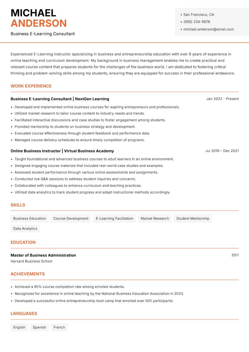 E-Learning Instructor resume template — Modern Professional