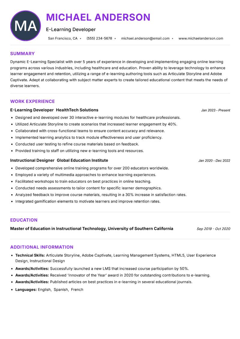 E-Learning Specialist resume example — ATS-friendly template