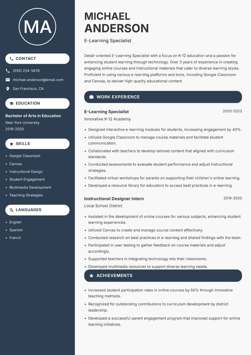 E-Learning Specialist resume template — Compact