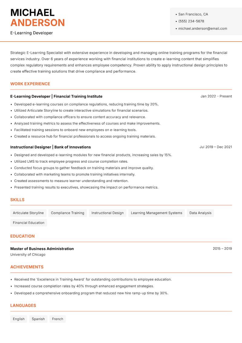 E-Learning Specialist resume template — Modern Professional