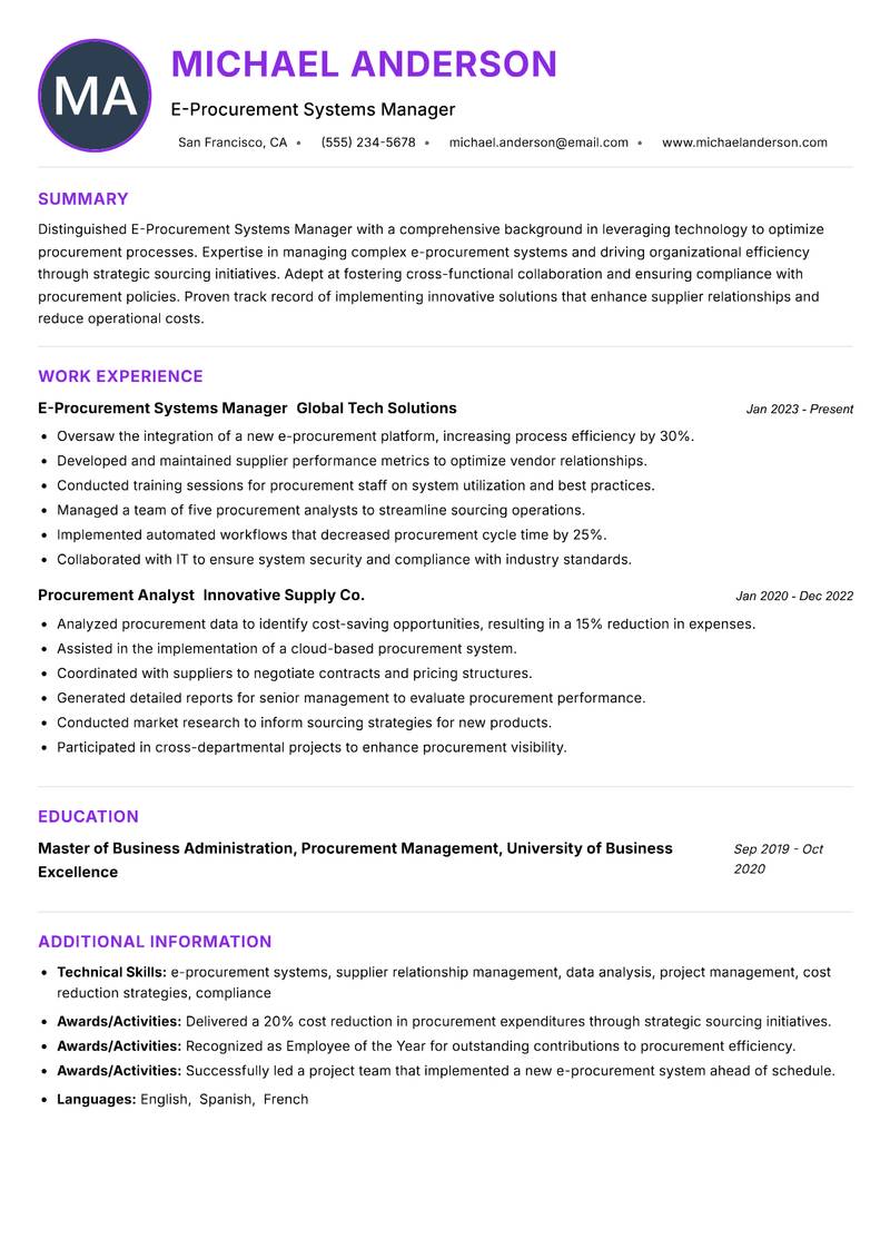 E-Procurement Systems Manager resume example — ATS-friendly template