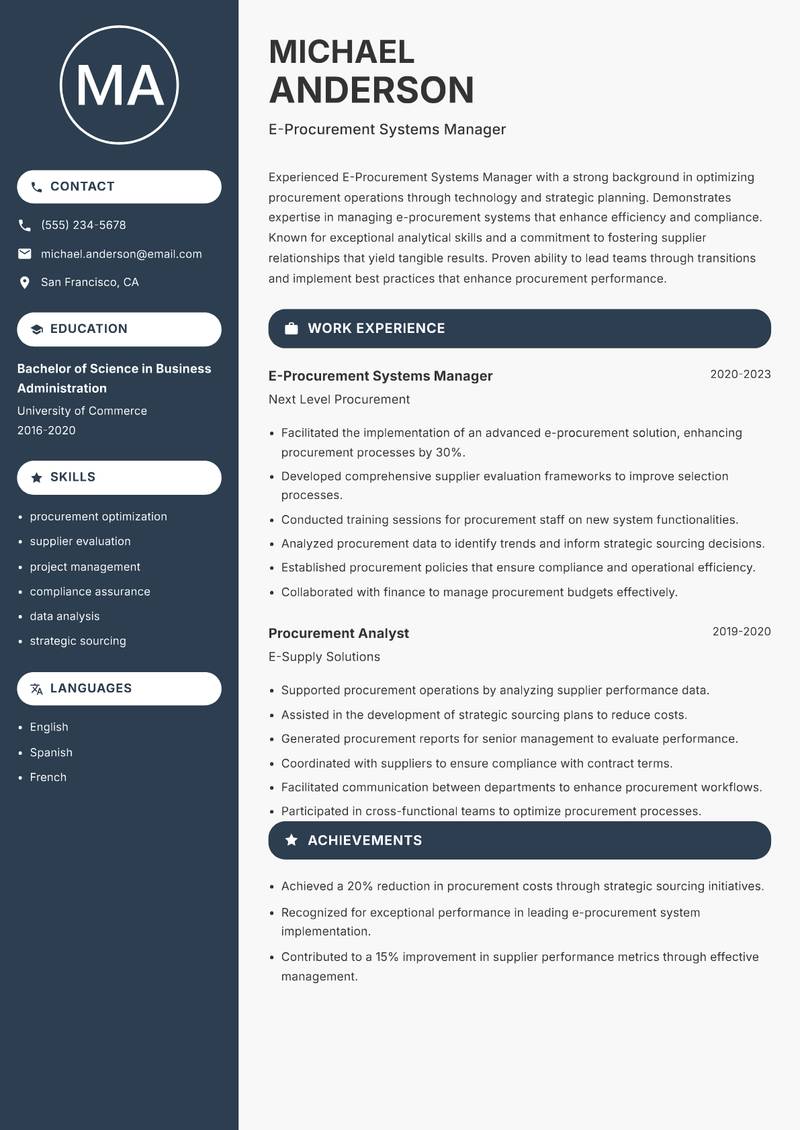 E-Procurement Systems Manager resume template — Compact