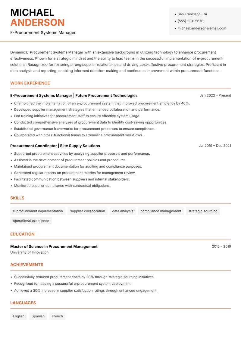 E-Procurement Systems Manager resume template — Modern Professional