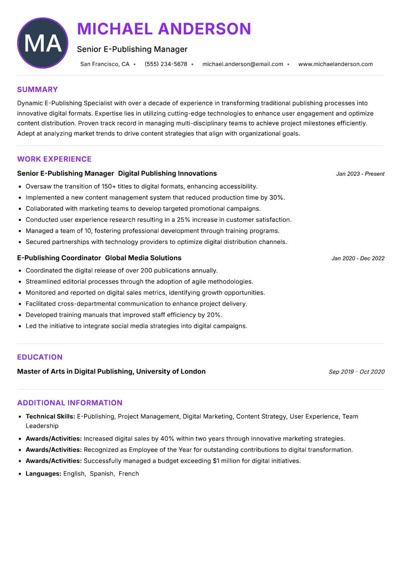 E Publishing Specialist resume example — ATS-friendly template