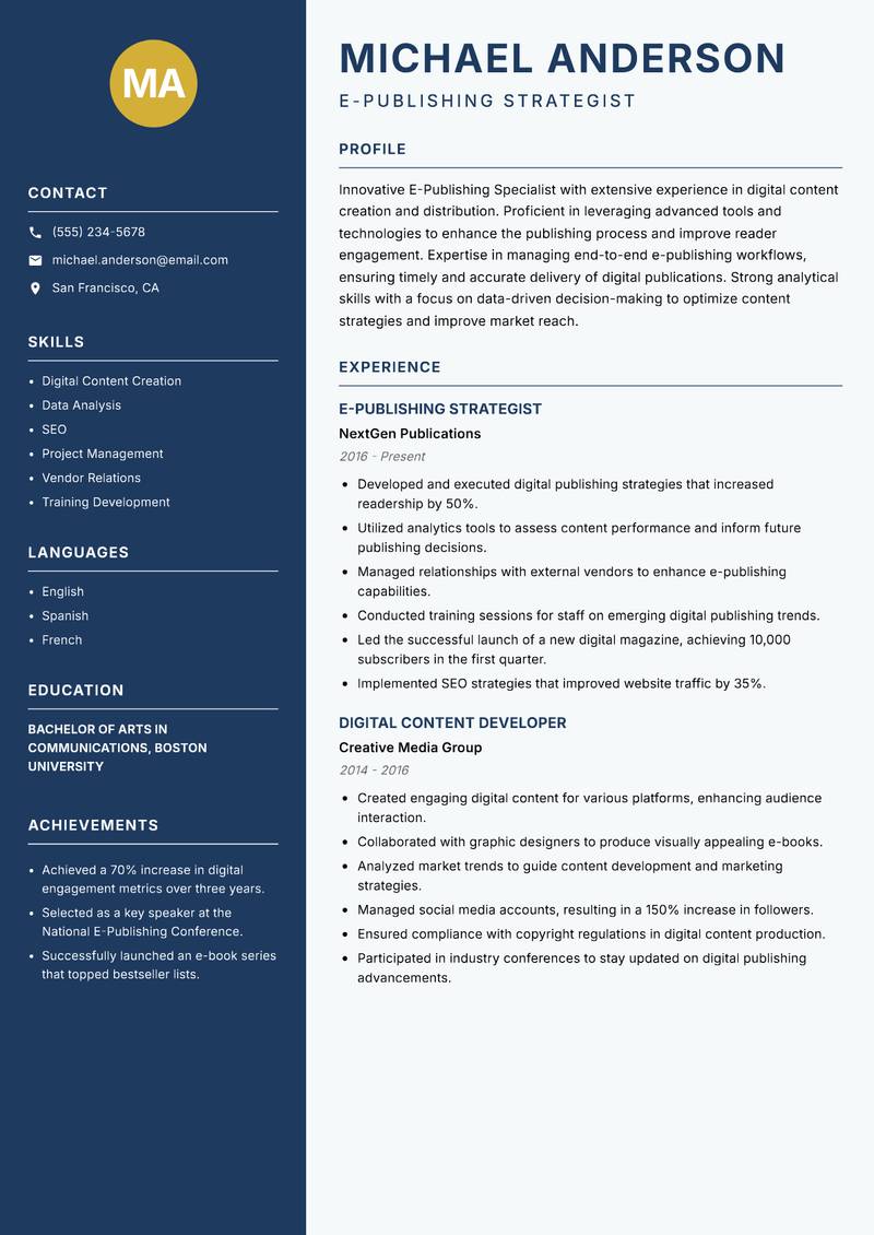 E Publishing Specialist resume template — Classic Clean