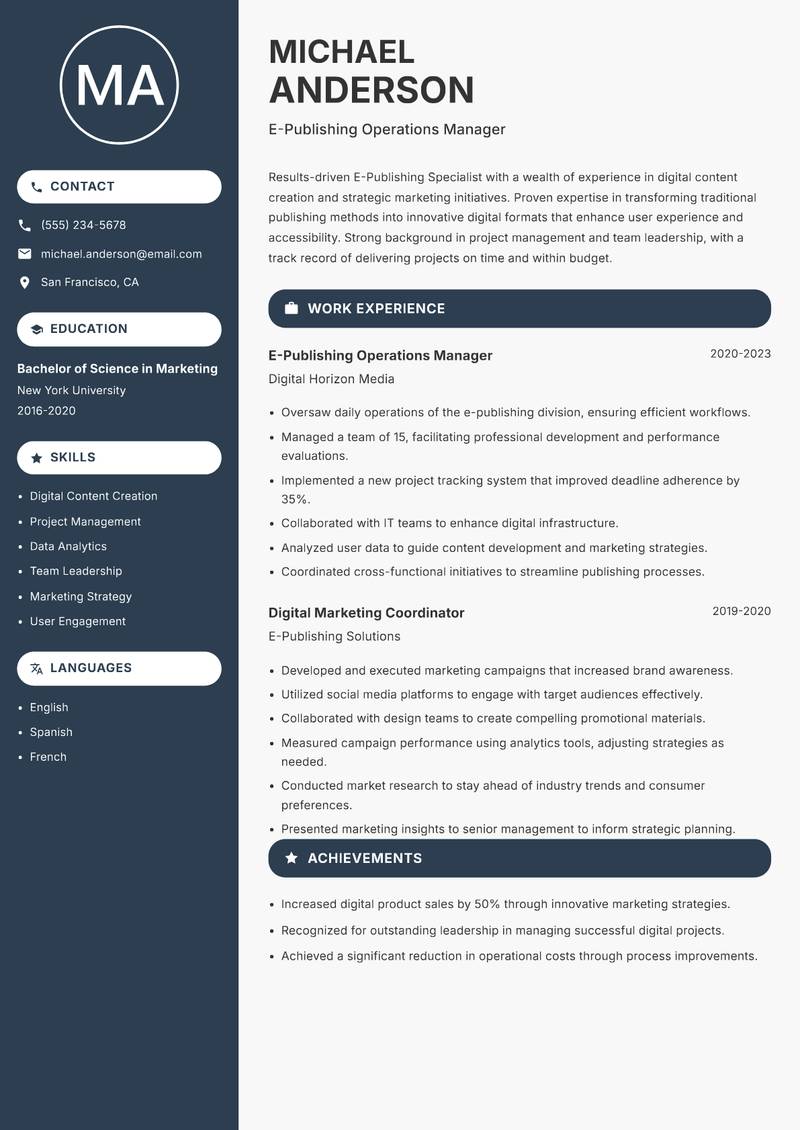 E Publishing Specialist resume template — Compact