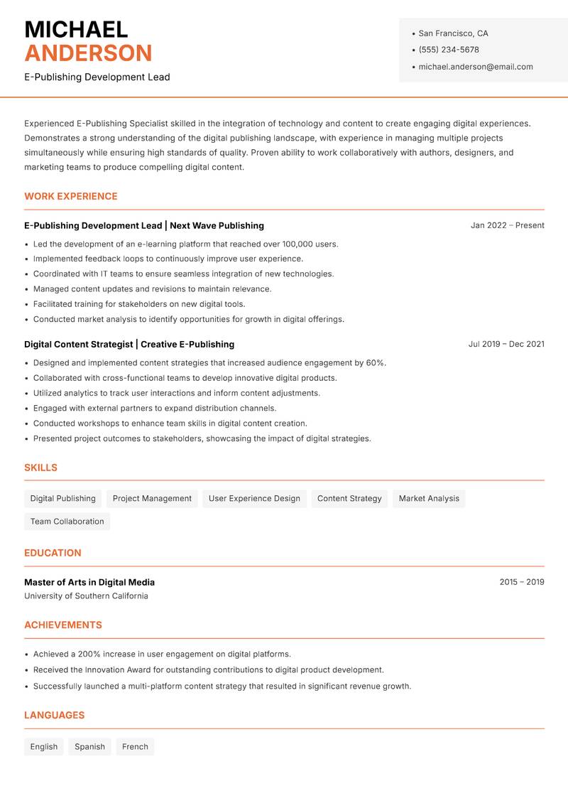 E Publishing Specialist resume template — Modern Professional