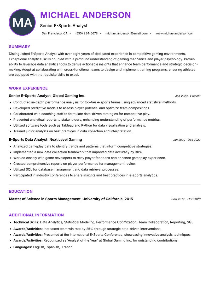 E-Sports Analyst resume example — ATS-friendly template