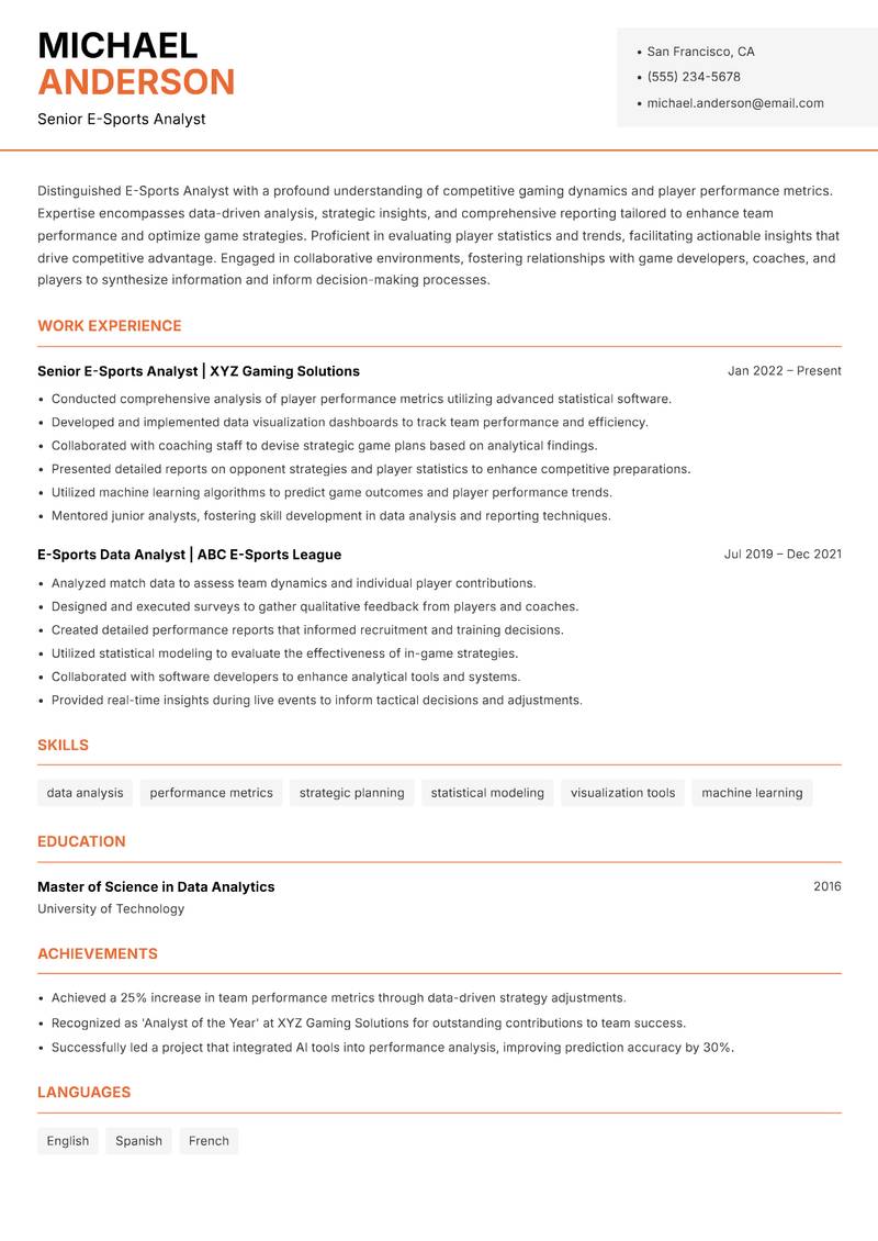 E-Sports Analyst resume template — Modern Professional
