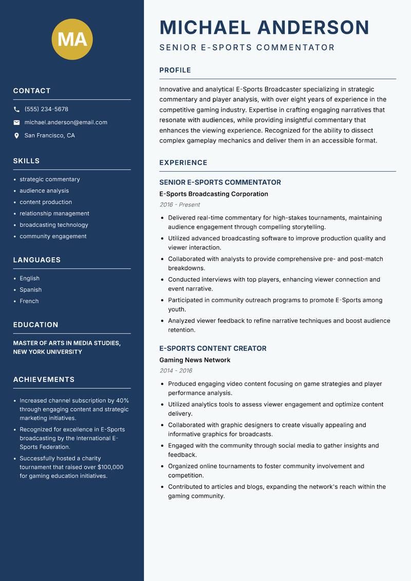 E-Sports Broadcaster resume template — Classic Clean