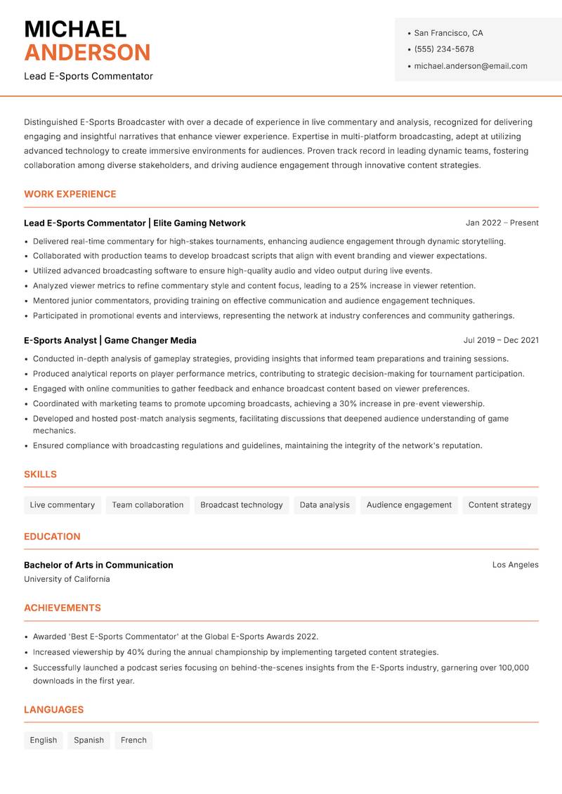 E-Sports Broadcaster resume template — Modern Professional