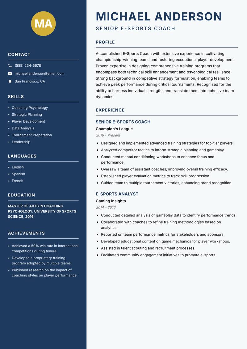 E-Sports Coach resume template — Classic Clean