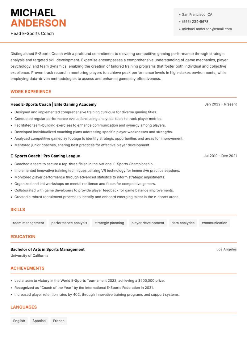 E-Sports Coach resume template — Modern Professional