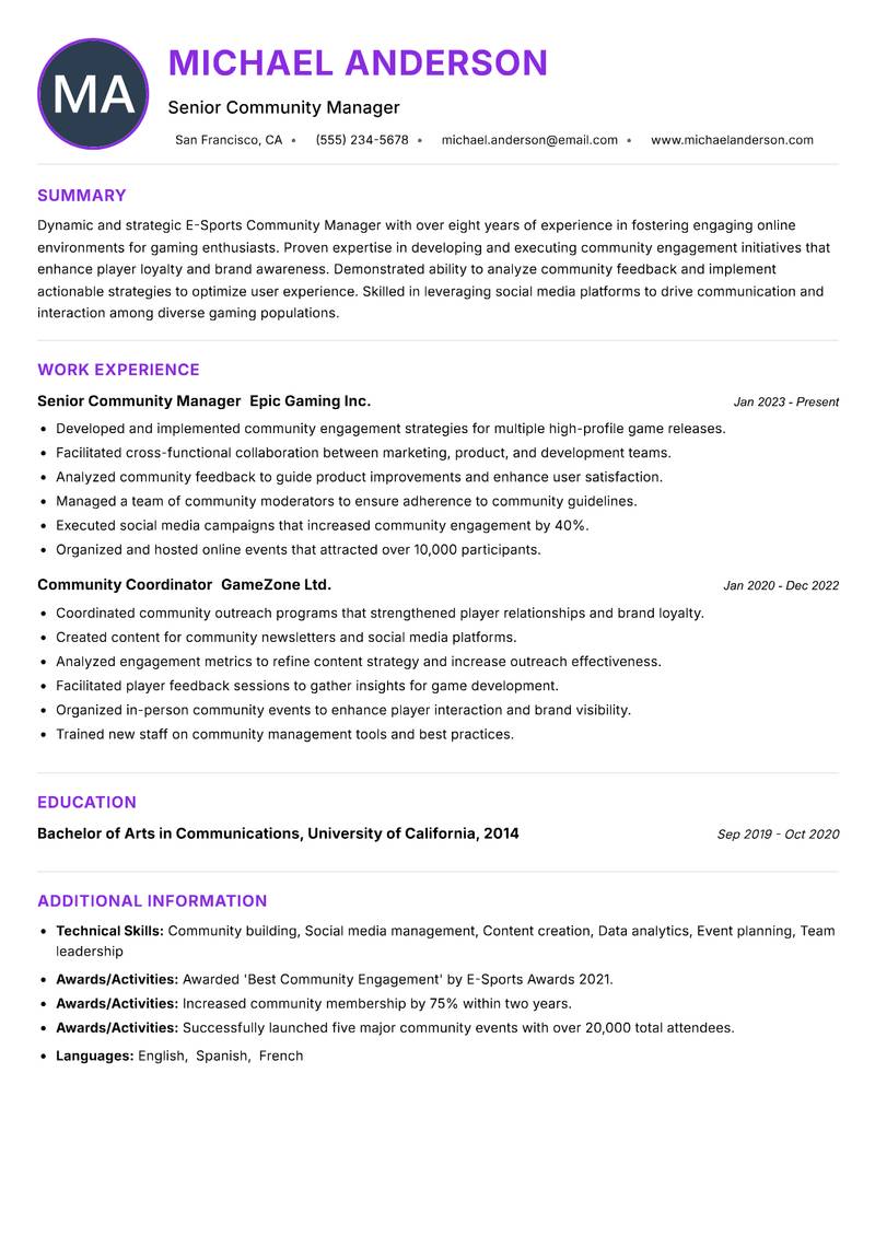 E-Sports Community Manager resume example — ATS-friendly template