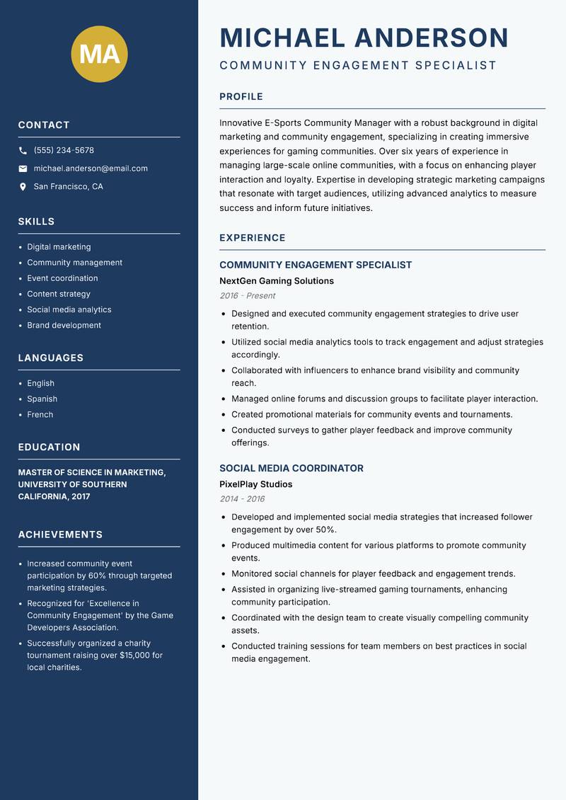 E-Sports Community Manager resume template — Classic Clean