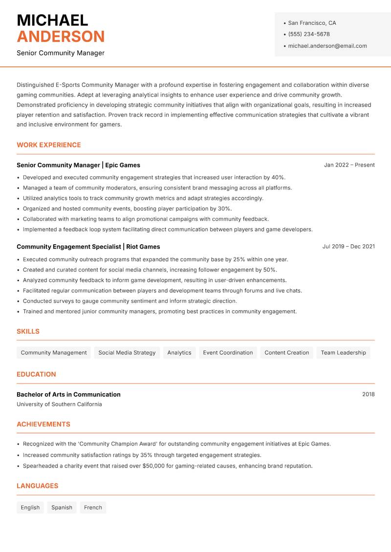 E-Sports Community Manager resume template — Modern Professional