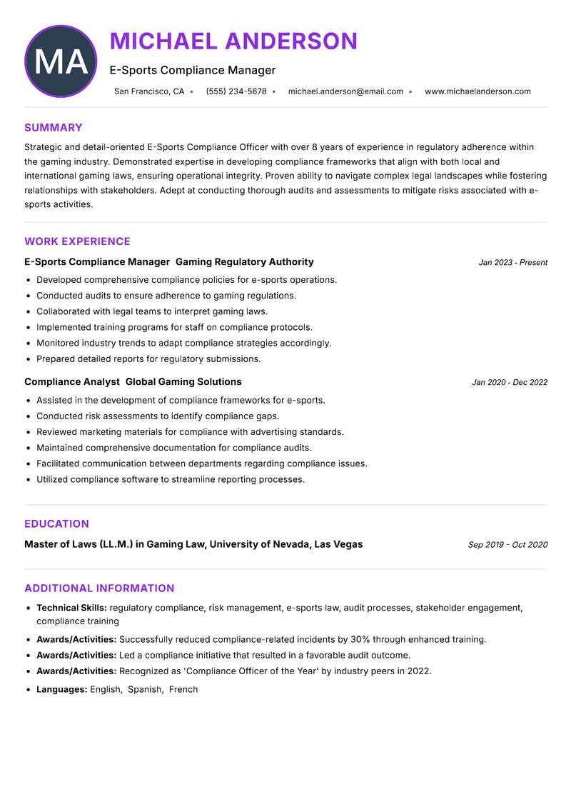 E-Sports Compliance Officer resume example — ATS-friendly template