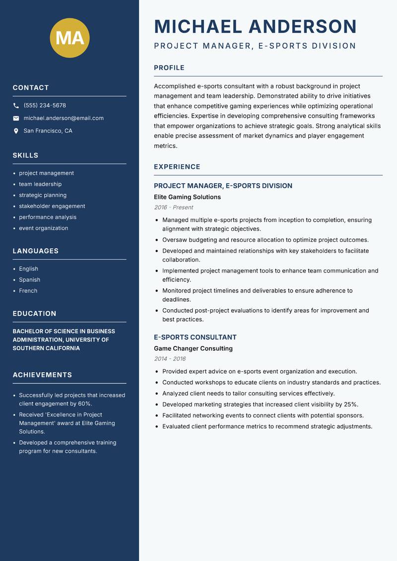 E-Sports Consultant resume template — Classic Clean