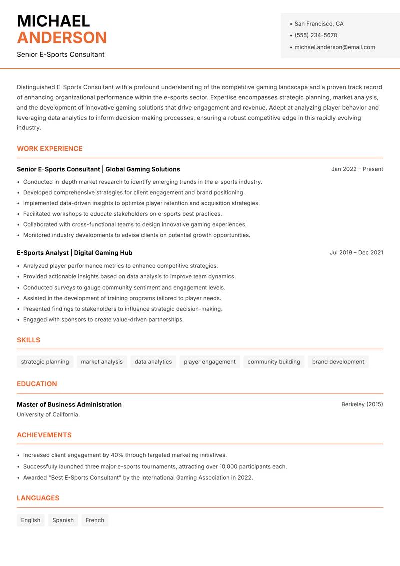 E-Sports Consultant resume template — Modern Professional