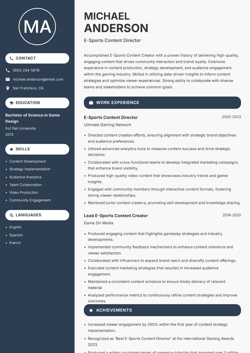 E-Sports Content Creator resume template — Compact