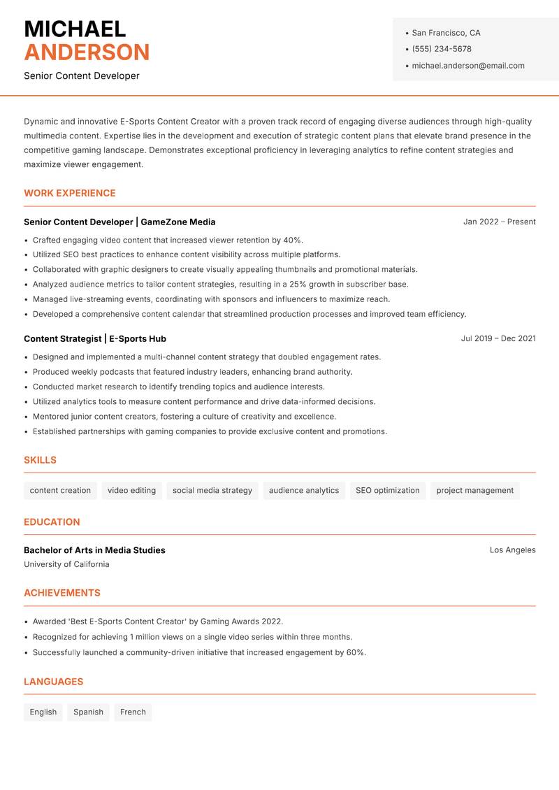 E-Sports Content Creator resume template — Modern Professional