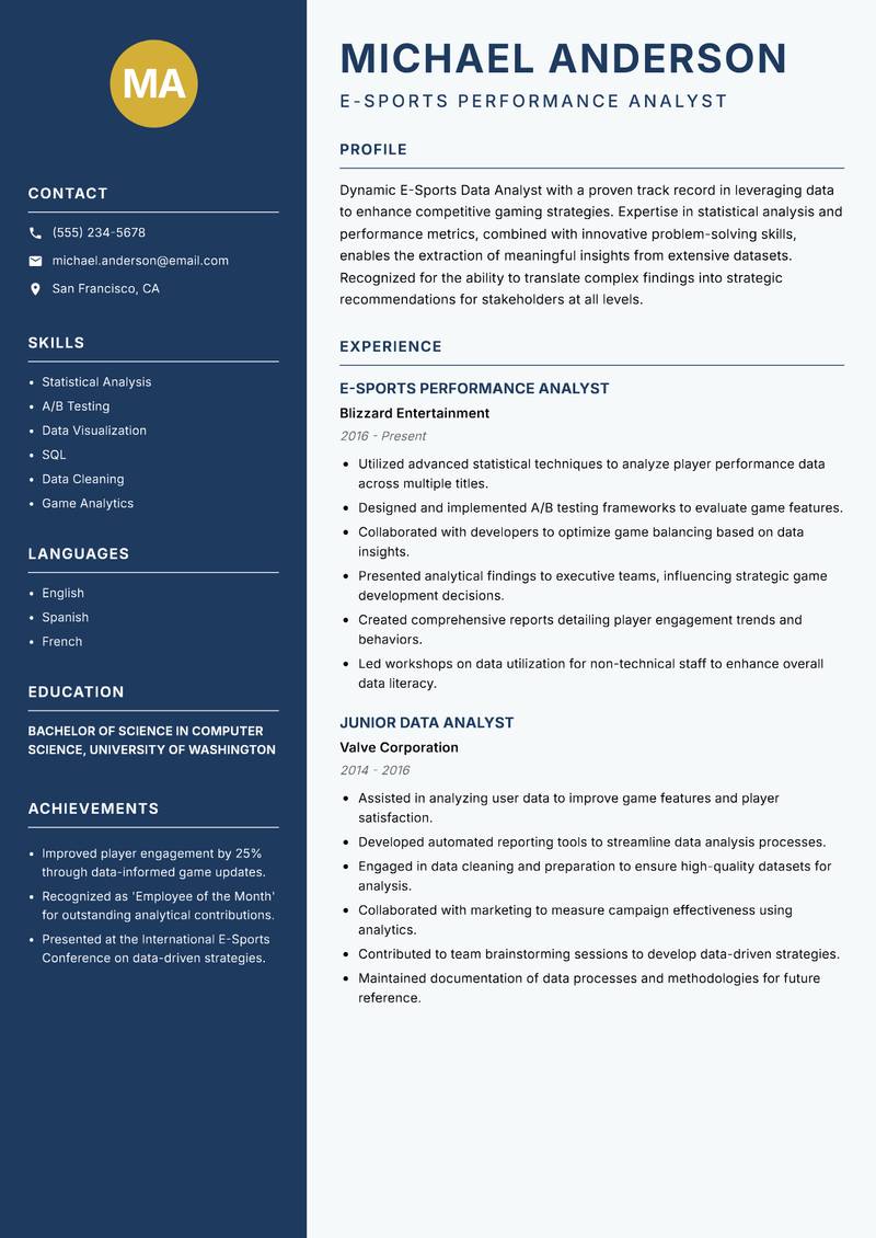 E-Sports Data Analyst resume template — Classic Clean