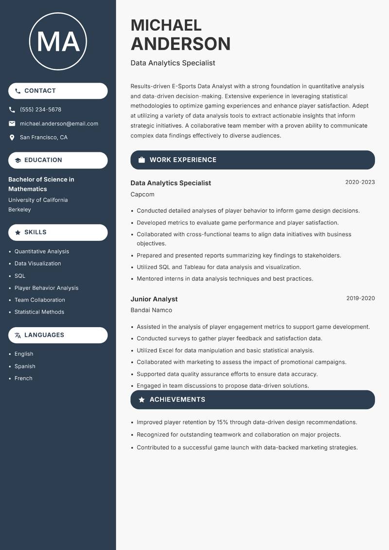 E-Sports Data Analyst resume template — Compact