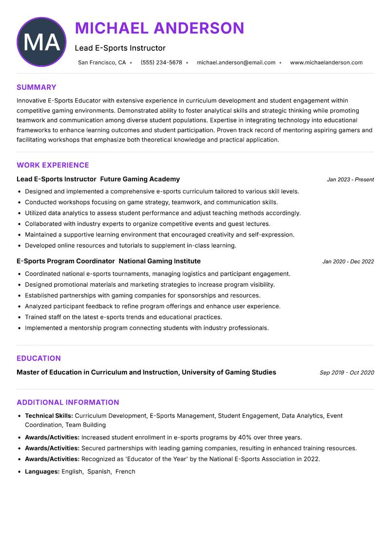 E-Sports Educator resume example — ATS-friendly template