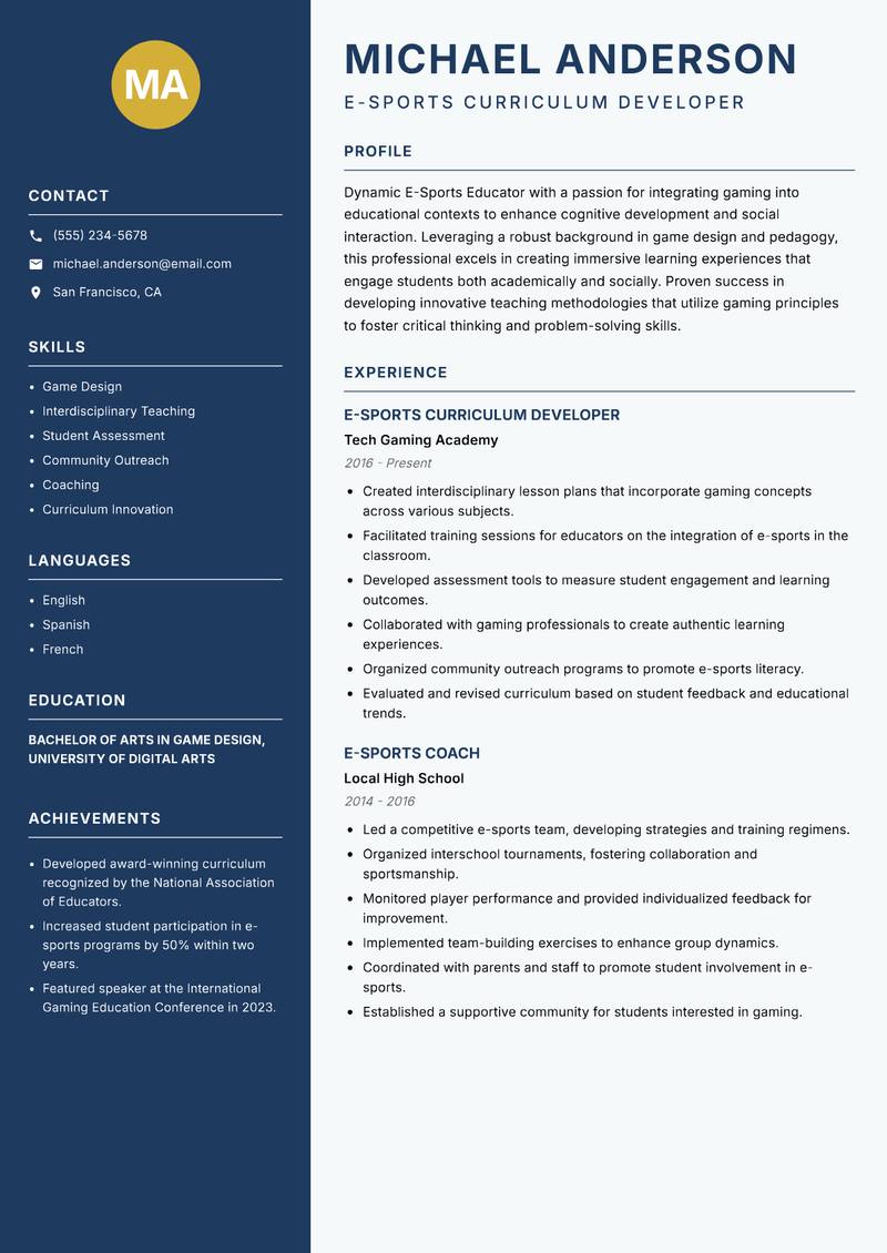 E-Sports Educator resume template — Classic Clean