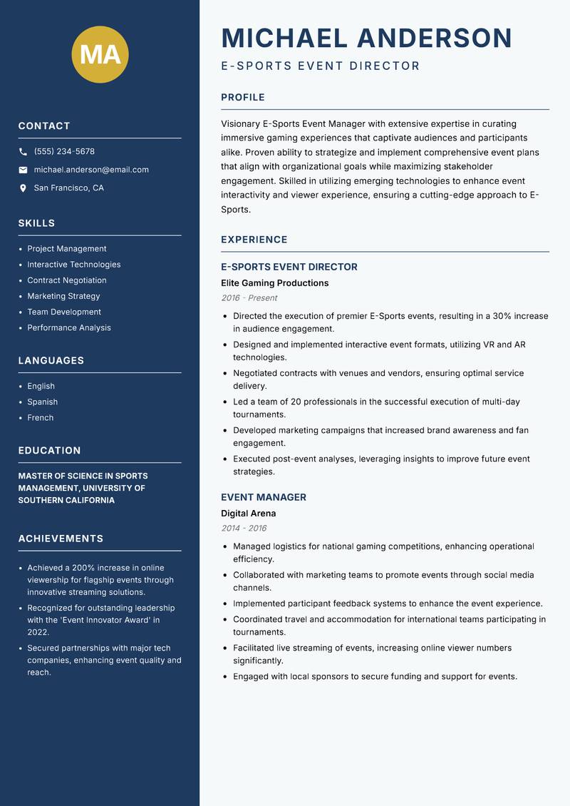 E-Sports Event Manager resume template — Classic Clean