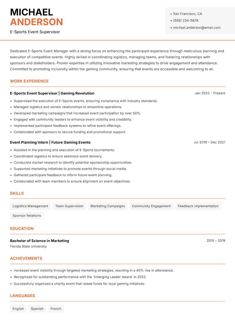 E-Sports Event Manager resume template — Modern Professional