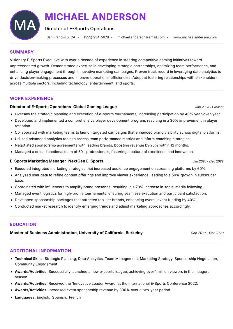 E-Sports Executive resume example — ATS-friendly template
