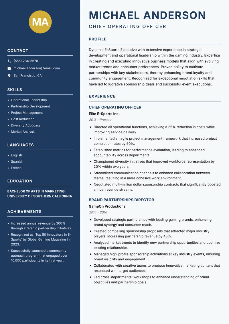 E-Sports Executive resume template — Classic Clean