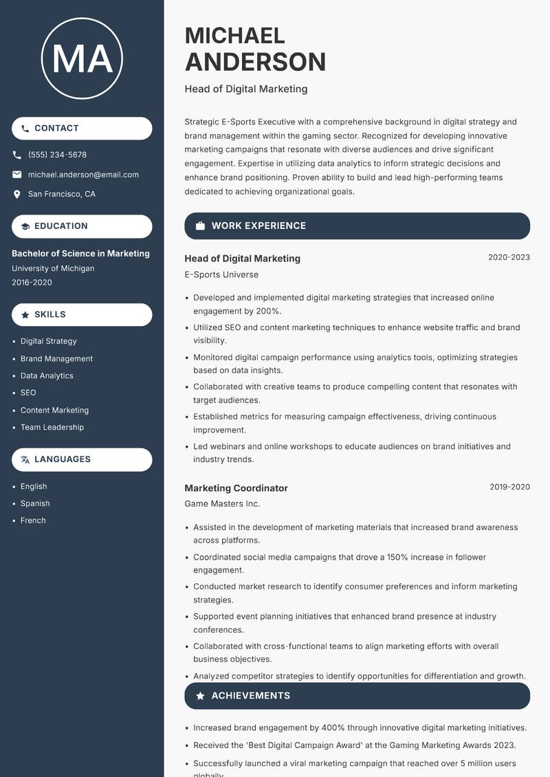 E-Sports Executive resume template — Compact
