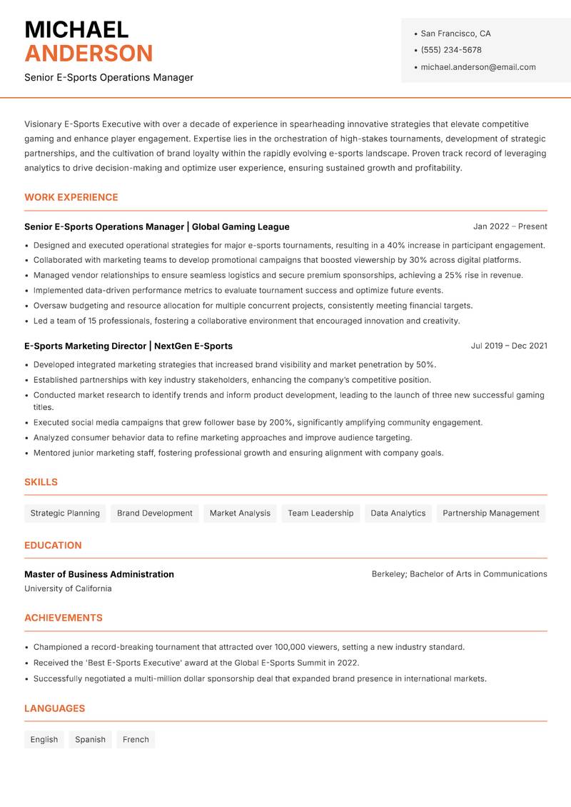 E-Sports Executive resume template — Modern Professional
