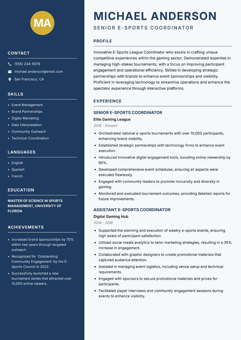 E-Sports League Coordinator resume template — Classic Clean