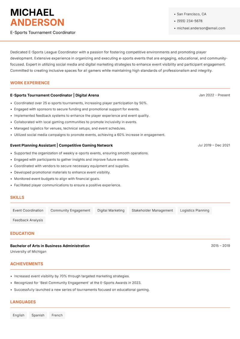 E-Sports League Coordinator resume template — Modern Professional