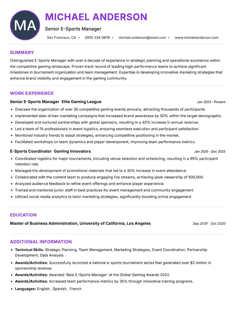 E-Sports Manager resume example — ATS-friendly template
