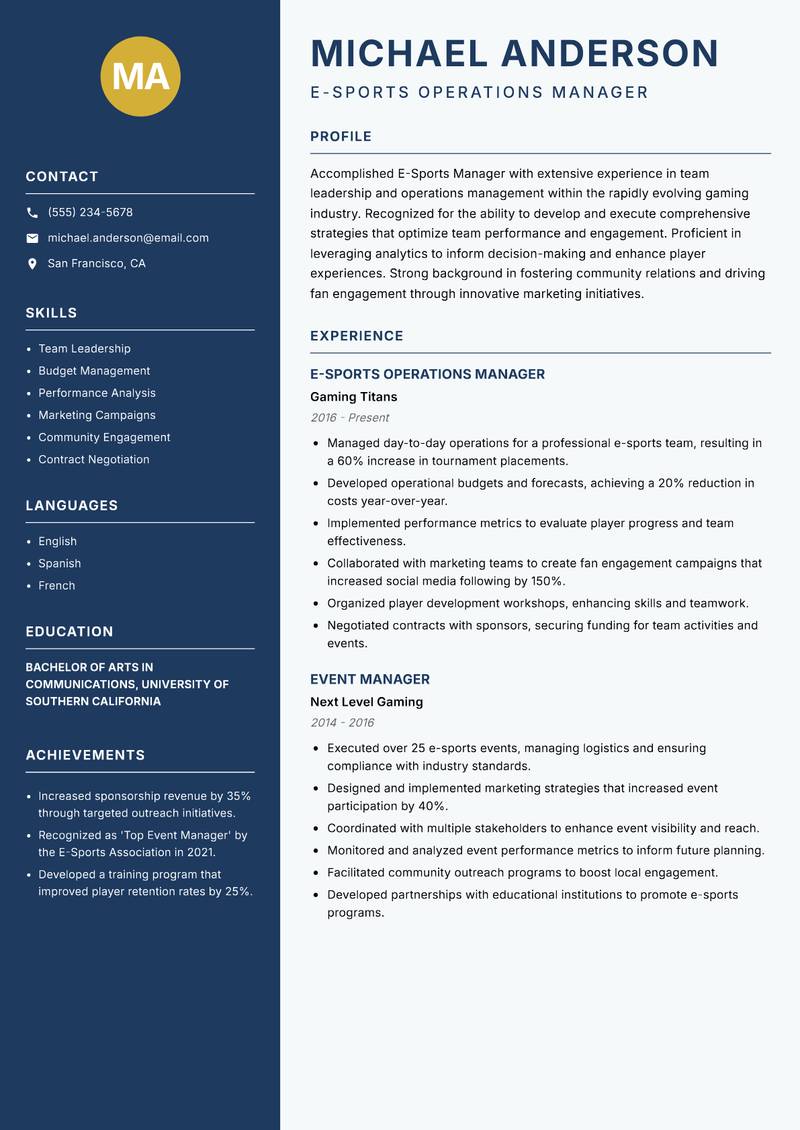 E-Sports Manager resume template — Classic Clean