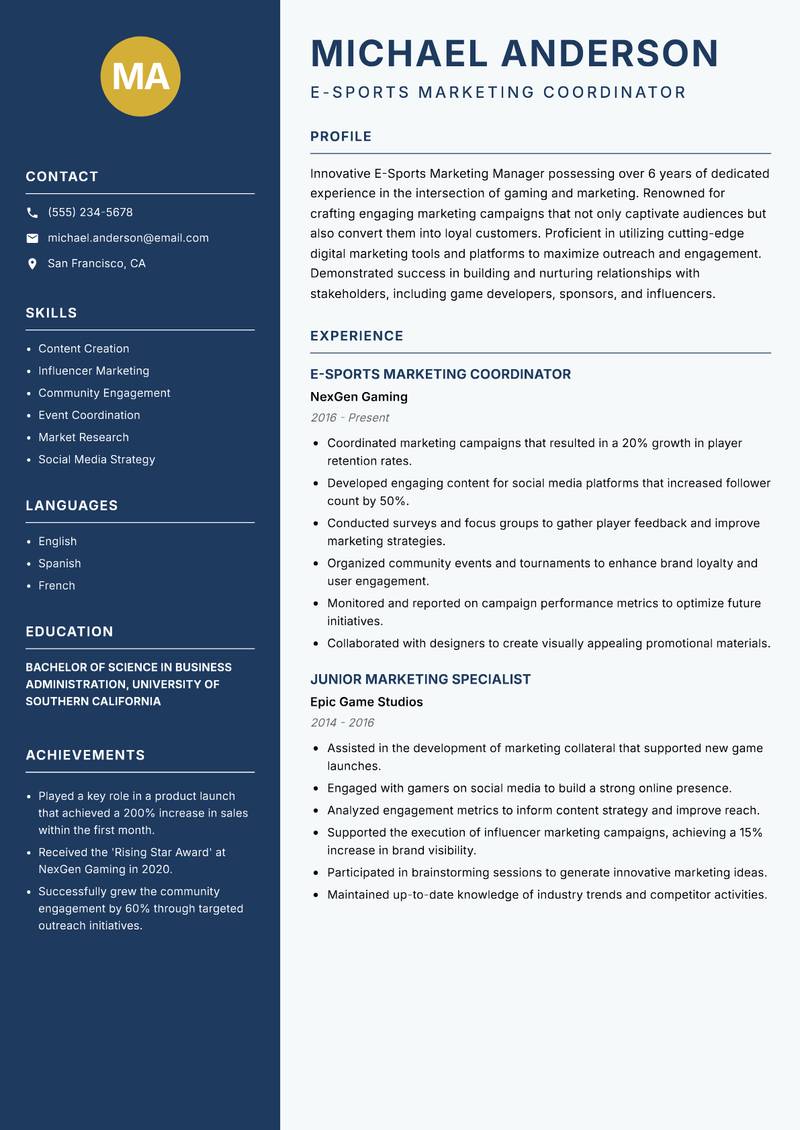 E-Sports Marketing Manager resume template — Classic Clean