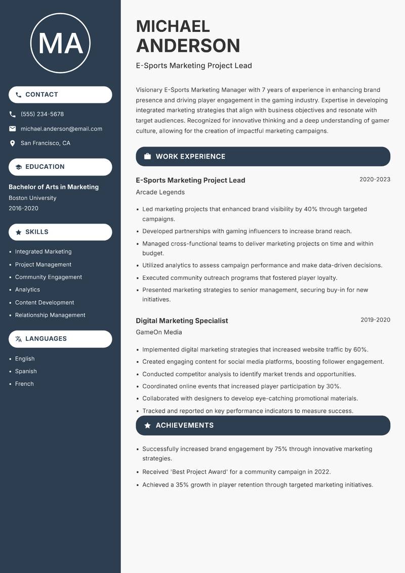 E-Sports Marketing Manager resume template — Compact