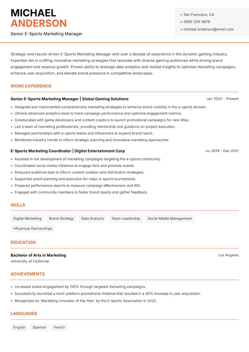 E-Sports Marketing Manager resume template — Modern Professional